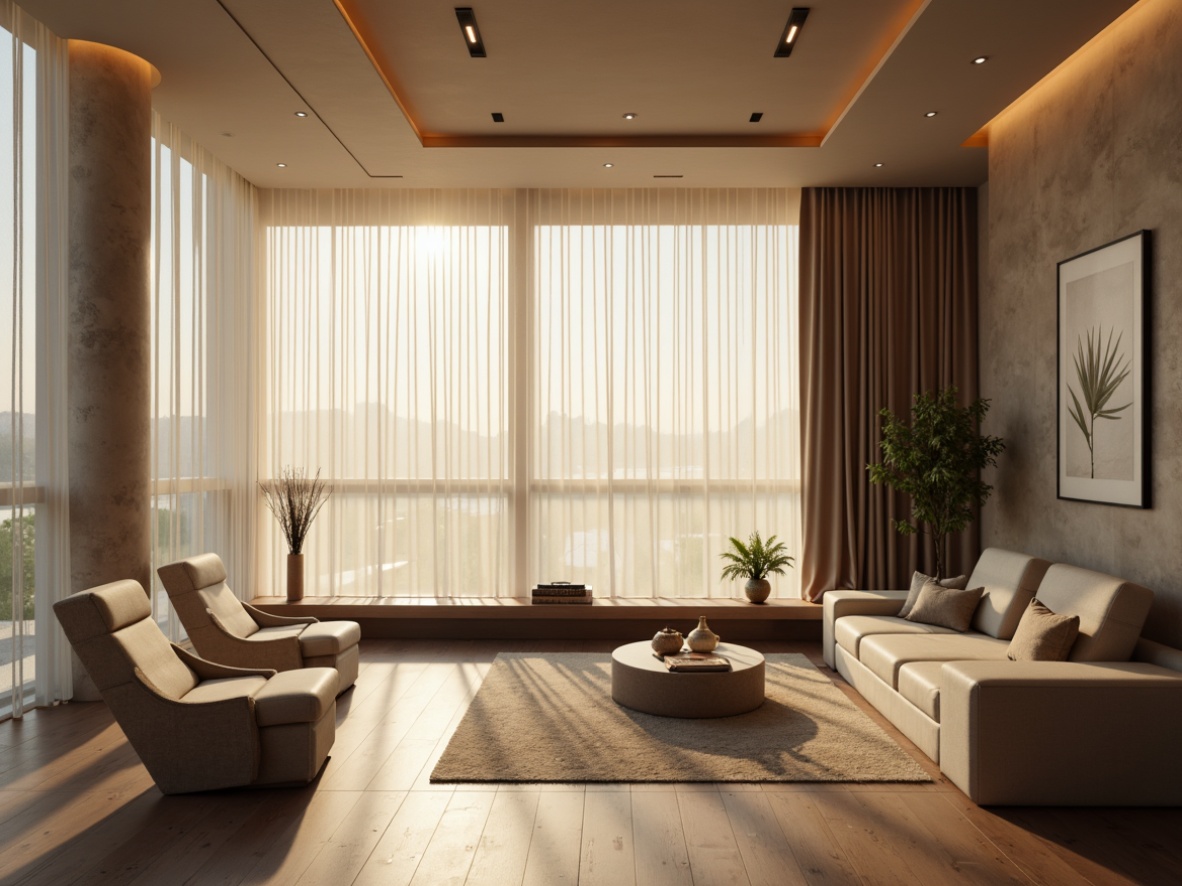 Prompt: Minimalist interior, soft warm glow, subtle LED lighting, recessed ceiling lights, floor-to-ceiling windows, natural daylight, sheer curtains, matte finishes, monochromatic color scheme, sleek lines, low-profile furniture, ambient shadows, 1/1 composition, realistic textures, soft focus, morning light, calming atmosphere, peaceful ambiance.