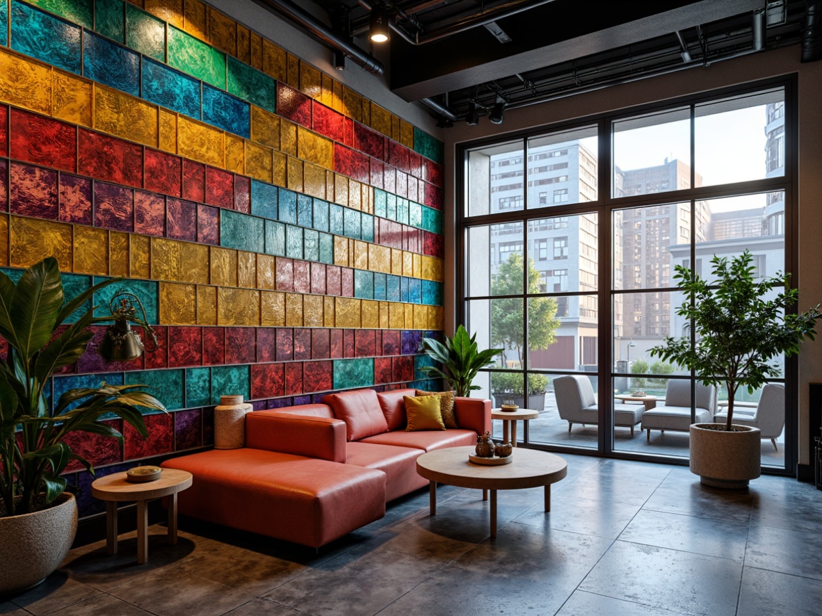 Prompt: Vibrant mosaic tiles, geometric patterns, glass materials, shimmering effects, colorful reflections, wall decor accents, modern interior design, sleek lines, minimalist chic, urban loft atmosphere, soft natural lighting, 3/4 composition, realistic textures, ambient occlusion.