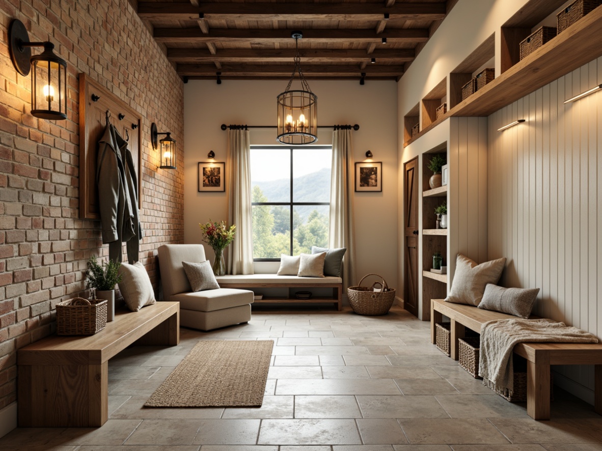 Prompt: Rustic mudroom, natural stone flooring, wooden bench, woven baskets, vintage metal hooks, earthy tones, warm ambient lighting, pendant lanterns, industrial-style chandeliers, exposed brick walls, reclaimed wood accents, soft creamy colors, farmhouse-inspired decor, functional storage units, built-in shelves, decorative cubbies, overhead lighting, LED strips, motion-sensing lights, cozy reading nook, natural textiles, woven rugs, and plush throw blankets.