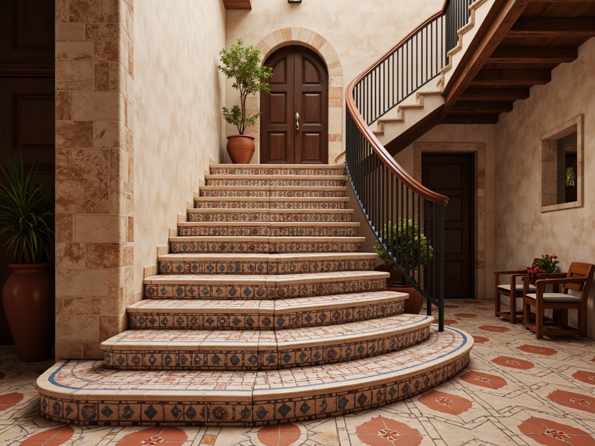 Prompt: Mediterranean staircase, intricate tile patterns, warm earthy tones, terracotta reds, creamy whites, soft blues, geometric shapes, Moroccan-inspired motifs, ornate metal railings, wooden banisters, curved steps, grand entrance, natural stone walls, rustic textures, ambient warm lighting, shallow depth of field, 1/1 composition, realistic reflections, detailed normal maps.