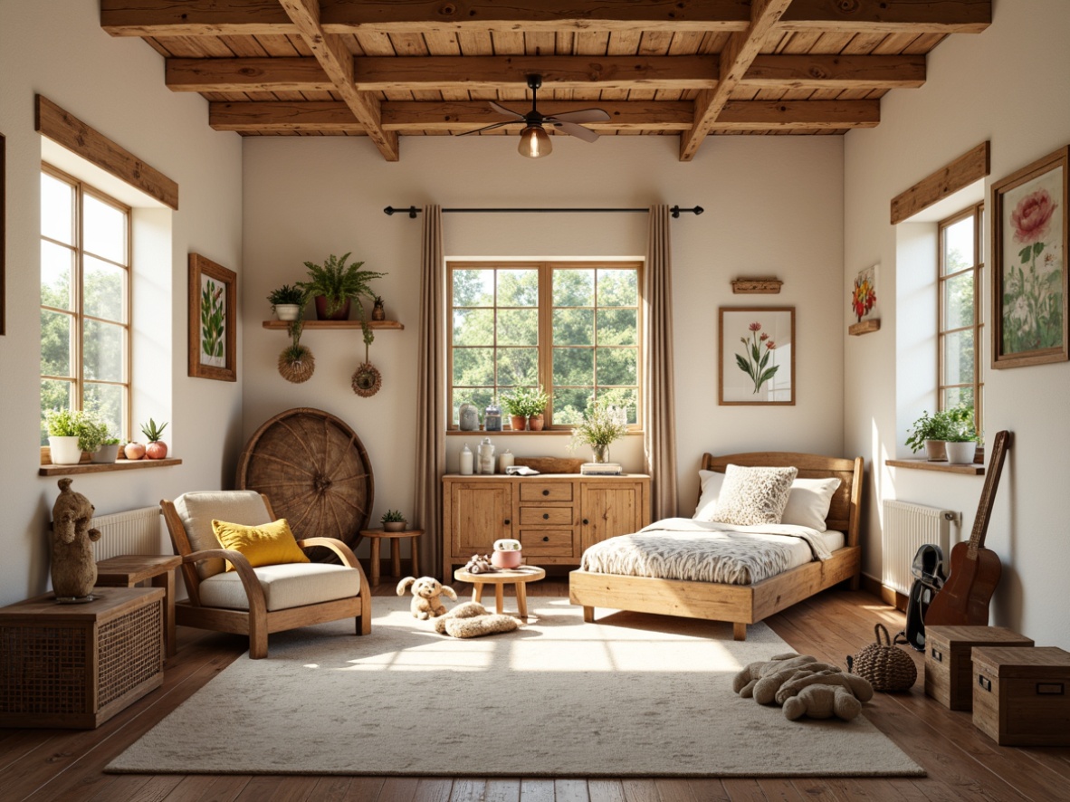 Prompt: Whimsical kids' room, vernacular style, wooden accents, distressed finishes, rustic charm, earthy tones, natural textures, woven baskets, vintage furniture, playful patterns, bright colors, soft lighting, cozy atmosphere, textured wallpaper, rough-hewn wood beams, cream-colored walls, hand-painted murals, eclectic decor, cheerful ambiance, shallow depth of field, 1/1 composition, warm white balance, realistic renderings.