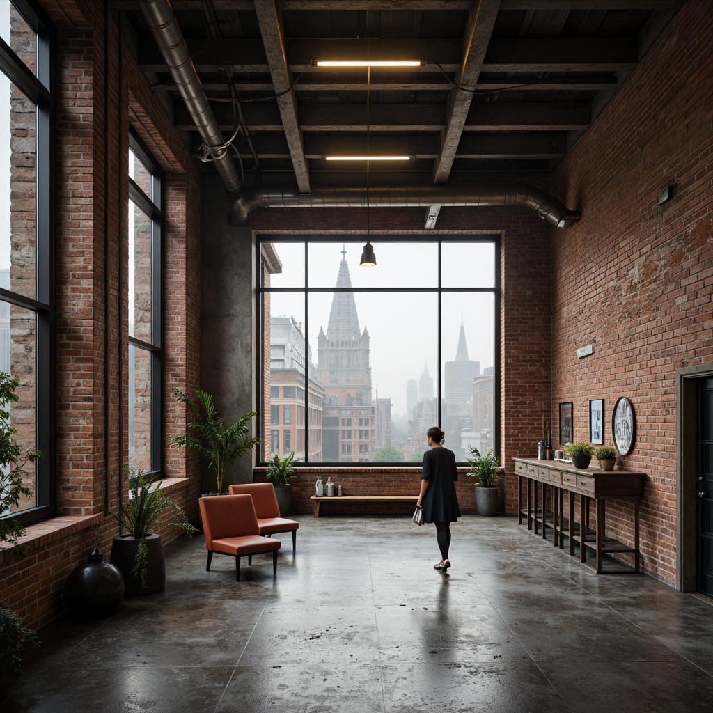 Prompt: Exposed brick walls, metallic beams, reclaimed wood accents, polished concrete floors, industrial-style lighting fixtures, rusty metal pipes, distressed finishes, urban graffiti, gritty cityscape views, foggy morning atmosphere, soft warm lighting, shallow depth of field, 1/1 composition, realistic textures, ambient occlusion.