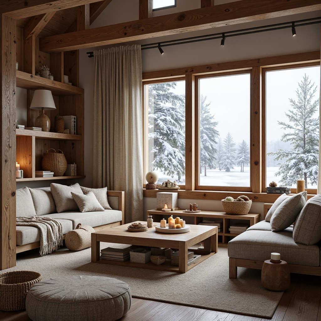 Prompt: Cozy Nordic cabin, plush throw blankets, natural wool fabrics, earthy color palette, minimalist decor, wooden accents, woven baskets, soft candlelight, warm beige tones, organic textures, simple geometric patterns, nature-inspired motifs, subtle fringe details, chunky knits, comfortable seating areas, rustic wooden furniture, snow-covered landscapes, frozen lakes, serene winter mornings, softbox lighting, shallow depth of field, 1/1 composition.