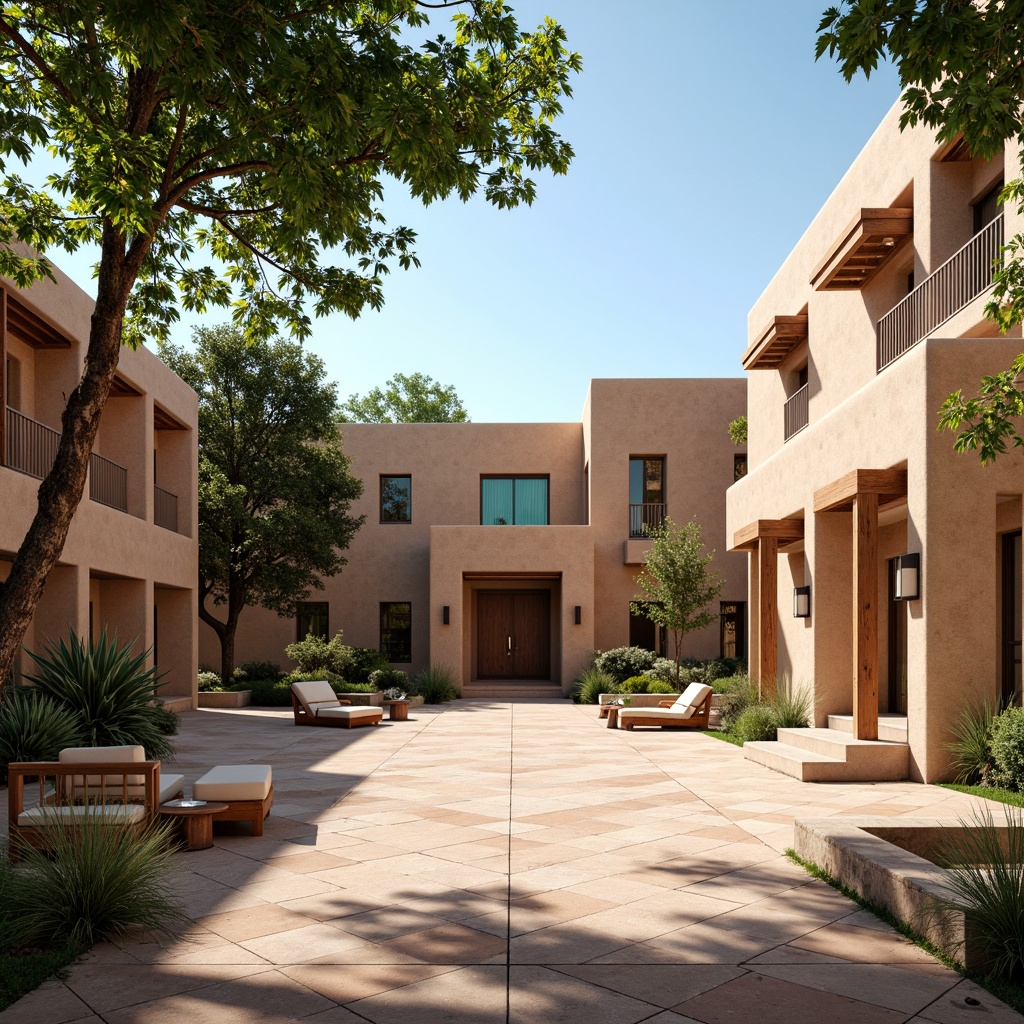 Prompt: Southwestern-style courthouse, adobe architecture, earthy tones, natural stone walls, wooden accents, vibrant turquoise accents, spacious open plazas, shaded walkways, ornate metalwork, traditional Native American patterns, geometric tile designs, lush greenery, mature trees, warm sunny day, soft warm lighting, shallow depth of field, 3/4 composition, panoramic view, realistic textures, ambient occlusion.