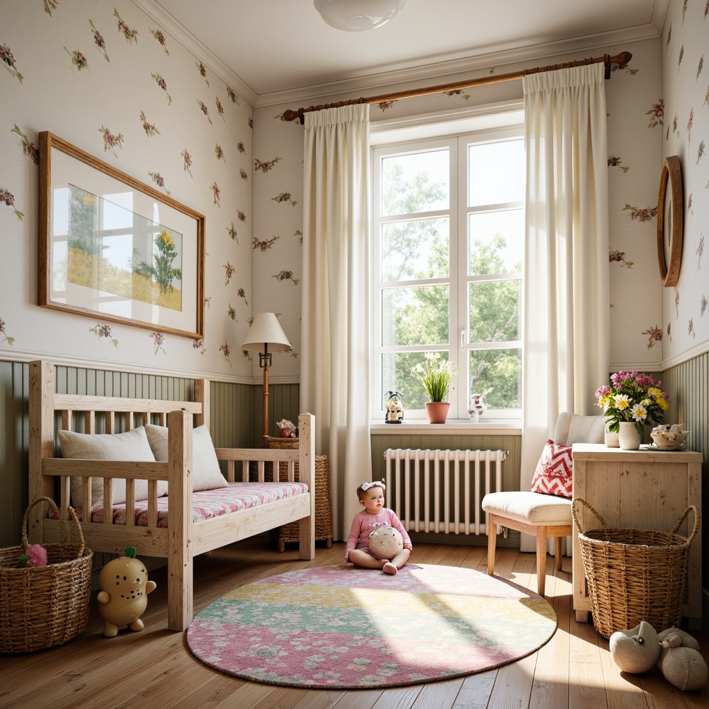 Prompt: Whimsical kids' room, vintage distressed wood furniture, soft pastel colors, floral patterns, ruffled curtains, plush toys, woven baskets, artificial flowers, wooden wall decals, colorful rug, natural light pouring in, warm cozy atmosphere, shallow depth of field, 1/1 composition, realistic textures, ambient occlusion.Let me know if this meets your requirements!