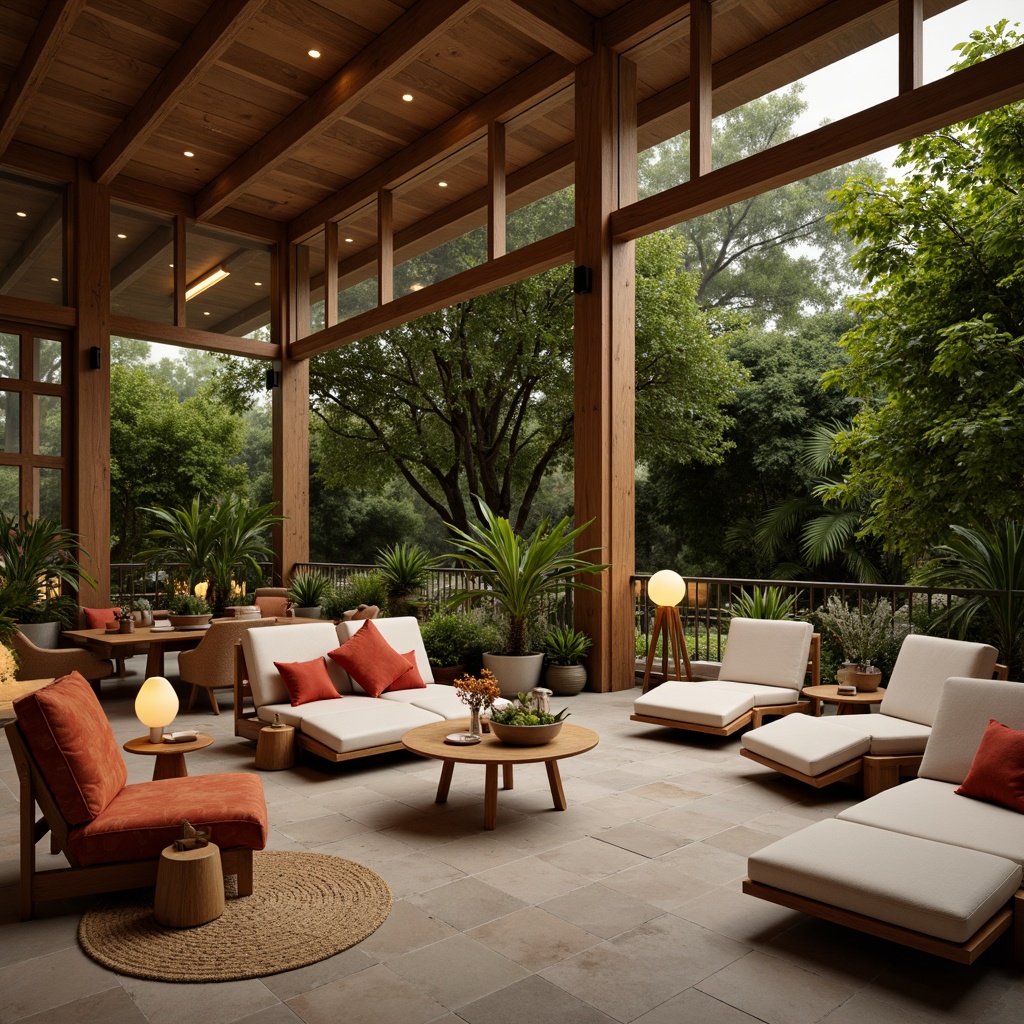 Prompt: Cozy lounge chairs, plush cushions, soft velvet fabrics, warm wood accents, natural stone floors, minimalist coffee tables, ambient floor lamps, intimate conversation pits, lush greenery walls, tropical plants, warm beige tones, soft diffused lighting, shallow depth of field, 3/4 composition, inviting atmosphere, relaxing ambiance.