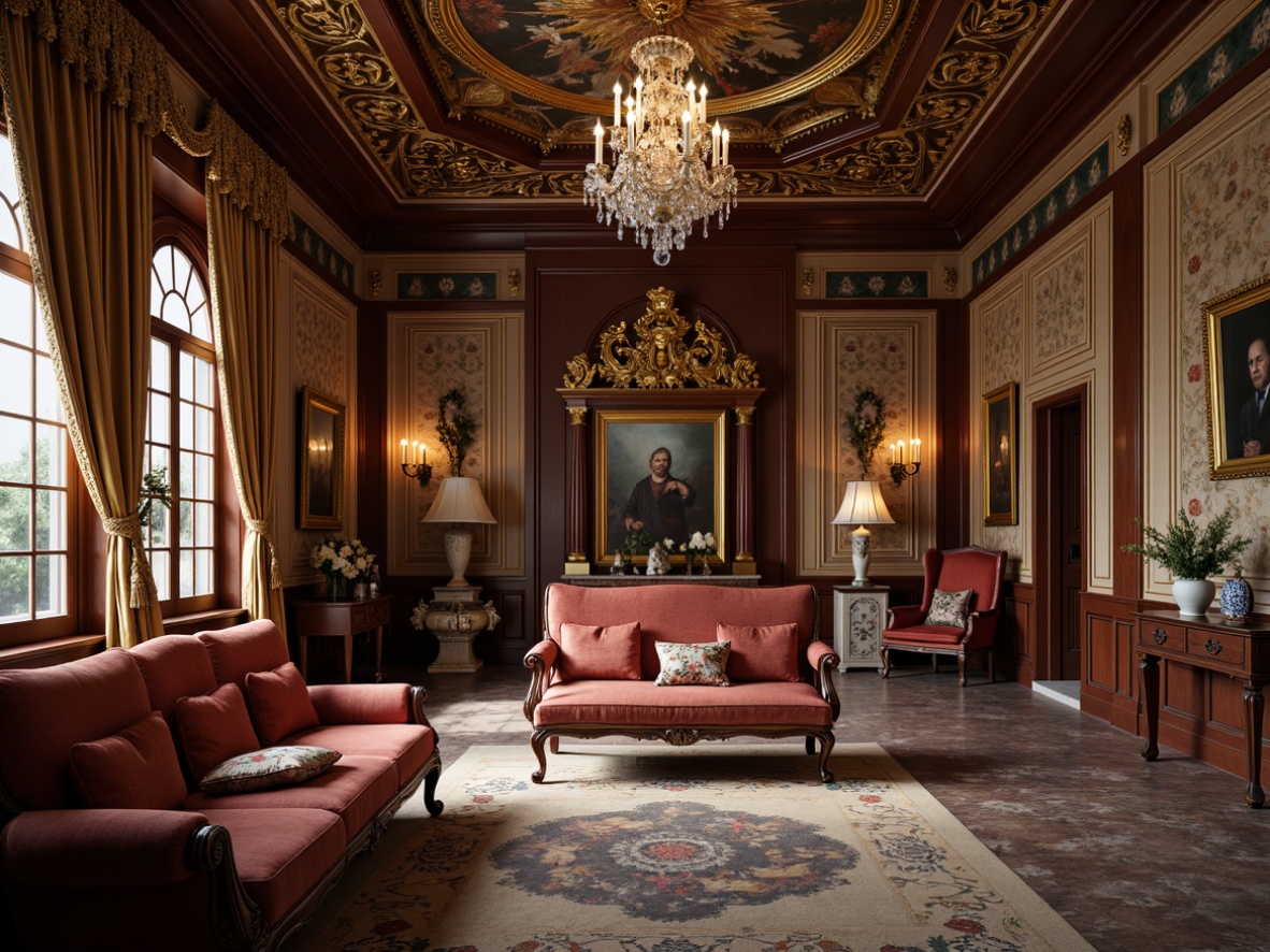 Prompt: \Elegant neoclassical interior, ornate carved wood furniture, velvet upholstery, gilded frames, intricate moldings, marble floors, crystal chandeliers, grand piano, rich tapestries, classical statues, subtle warm lighting, shallow depth of field, 1/1 composition, realistic textures, ambient occlusion.\