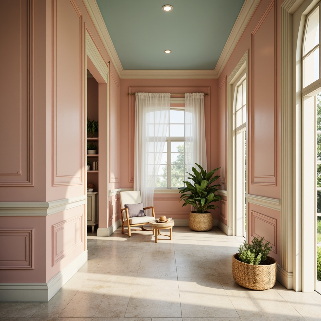 Prompt: Soft peach walls, creamy white trim, pale lavender accents, warm beige floors, calming turquoise ceilings, muted sage greenery, gentle golden lighting, subtle cream textures, serene misty mornings, soft focus, shallow depth of field, 1/1 composition, intimate atmosphere.