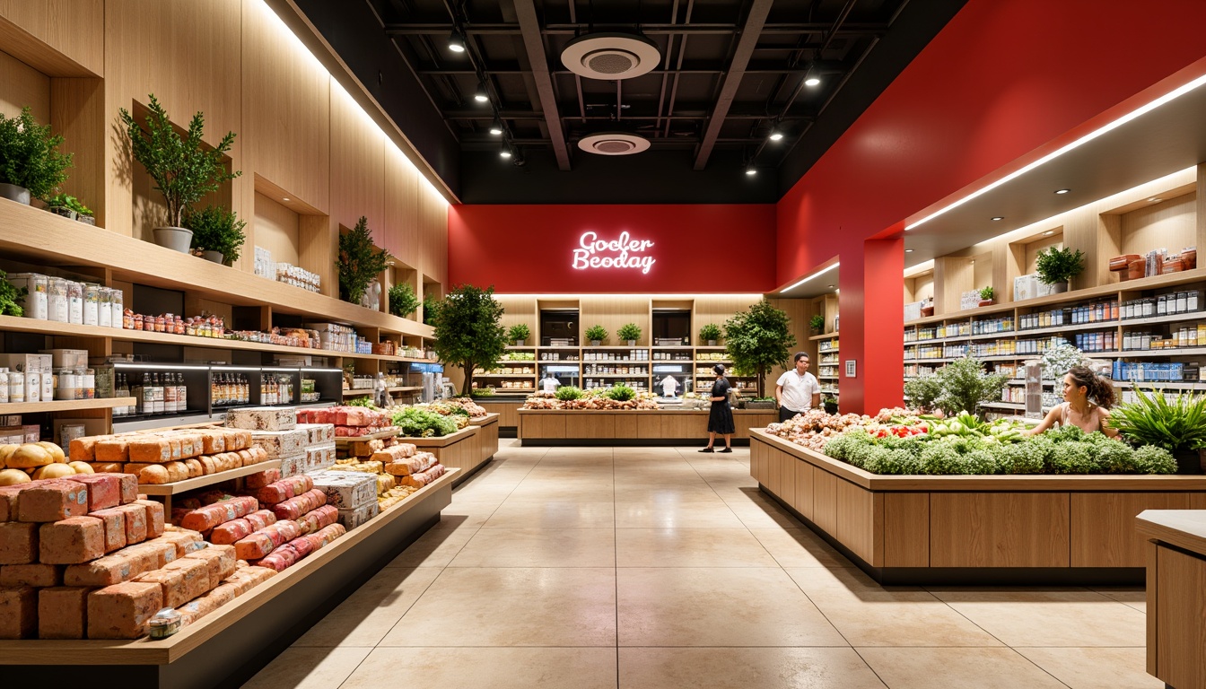 Prompt: Vibrant modern grocery store interior, streamline moderne style, warm beige walls, polished chrome accents, sleek glass shelves, LED lighting, rich wood tones, earthy terracotta flooring, natural stone countertops, bold red and green color scheme, contrasting whites and creams, geometric patterns, minimalist typography, clean lines, abundant natural light, shallow depth of field, 3/4 composition, panoramic view, realistic textures, ambient occlusion.