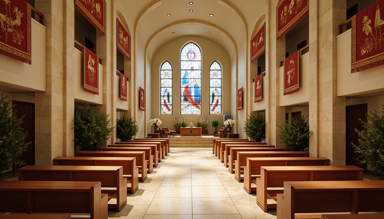 Prompt: Sacred worship space, calming ambiance, soft warm lighting, serene color scheme, earthy tones, beige stone walls, wooden accents, subtle golden details, stained glass windows, vibrant blue hues, rich red textiles, ornate furnishings, intricate patterns, symbolic motifs, peaceful atmosphere, natural materials, minimalist decor, reverent mood, warm beige marble floors, gentle cream-colored ceilings, soft focus, shallow depth of field, 1/1 composition.