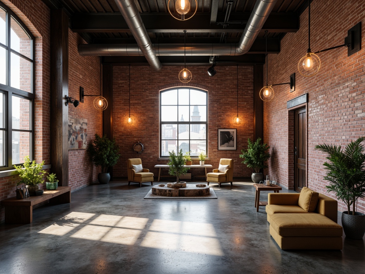 Prompt: Exposed brick walls, industrial pipes, metal beams, reclaimed wood accents, distressed concrete floors, vintage factory windows, Edison bulb pendant lights, metal shade lamps, copper wire chandeliers, minimalist sconces, urban loft atmosphere, high ceilings, open spaces, natural light pouring in, soft warm glow, low-key ambiance, dramatic shadows, 3/4 composition, realistic textures, ambient occlusion.