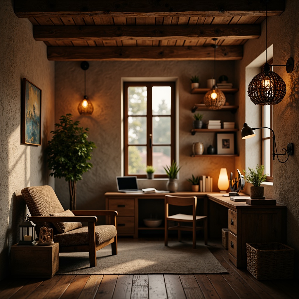 Prompt: Cozy rustic home office, warm wooden furniture, vintage metal lamps, candlelit ambiance, natural stone walls, earthy color palette, distressed wood textures, industrial-style lighting fixtures, Edison bulb pendants, woven basket shades, soft warm glow, morning sunlight, shallow depth of field, 1/2 composition, intimate atmosphere, realistic shadows, ambient occlusion.