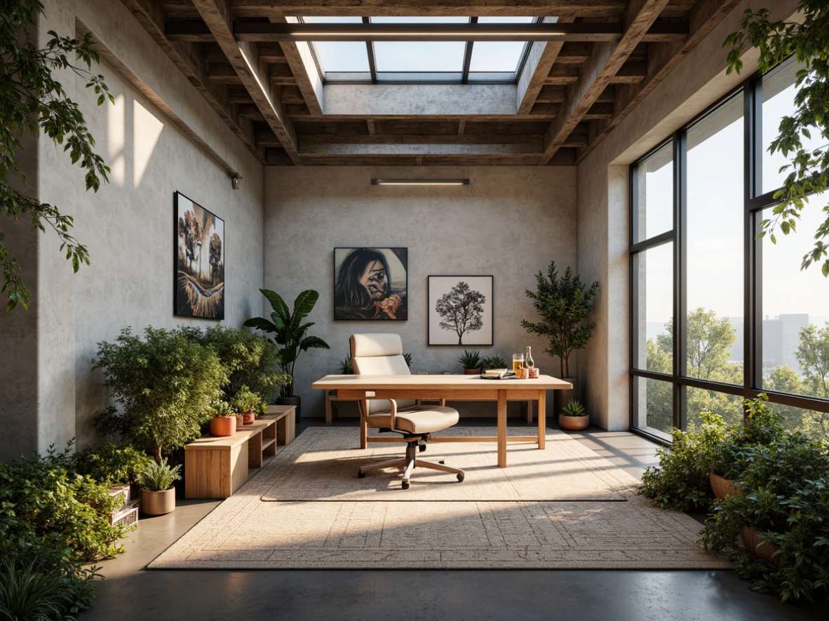 Prompt: Raw concrete walls, industrial metal beams, minimalist desk, ergonomic chair, abundant natural light, clerestory windows, skylights, greenery-filled planters, reclaimed wood accents, earthy color palette, textured rugs, abstract artwork, geometric patterns, modern task lighting, warm ambient glow, shallow depth of field, 1/2 composition, realistic textures, ambient occlusion.