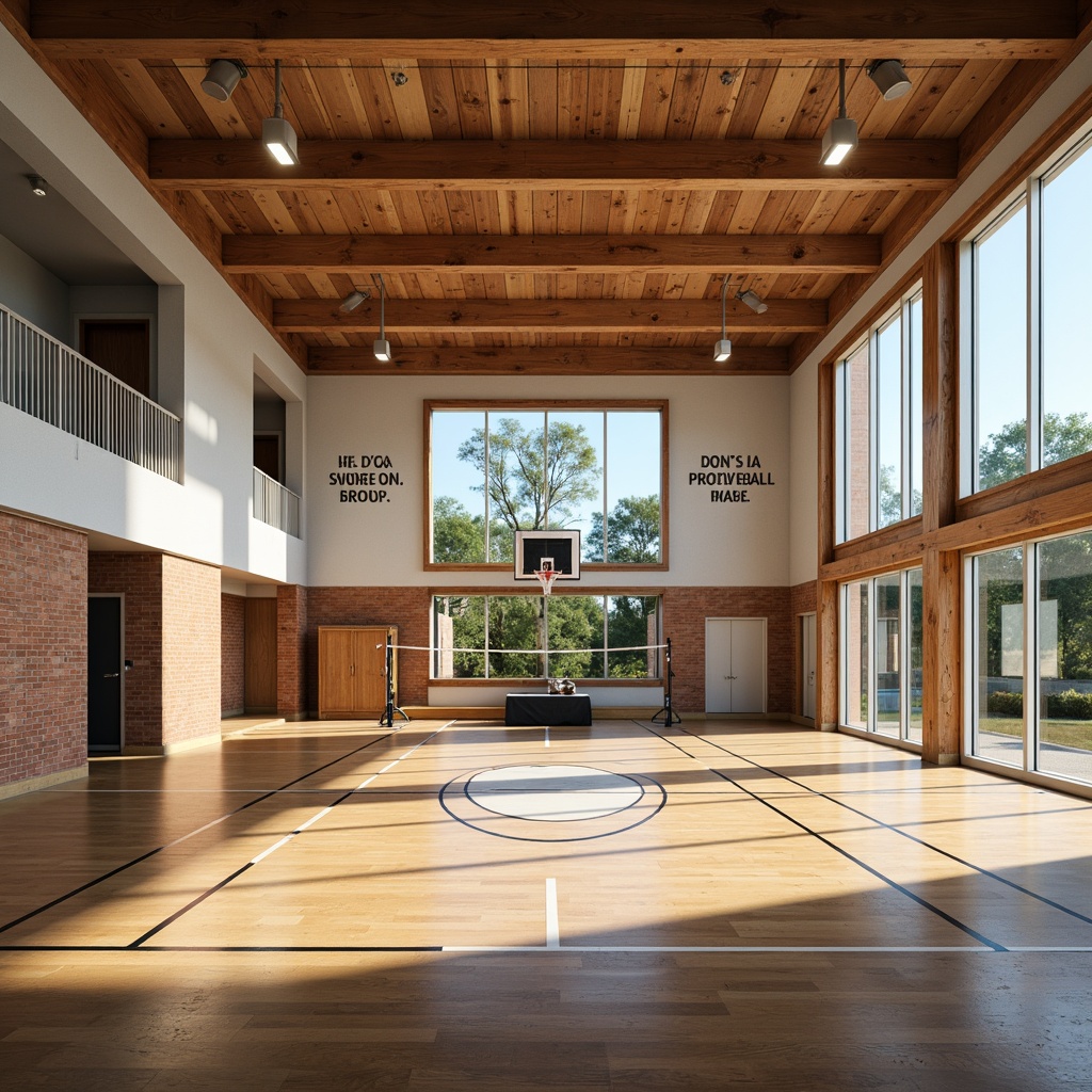 Prompt: Open gymnasium space, high ceilings, natural light pouring in, polished wooden floors, sports equipment, basketball hoops, volleyball nets, athletic tracks, motivational quotes, modern architectural design, minimalist decor, large windows, sliding glass doors, outdoor connections, greenery views, sunny day, soft warm lighting, shallow depth of field, 3/4 composition, panoramic view, realistic textures, ambient occlusion.