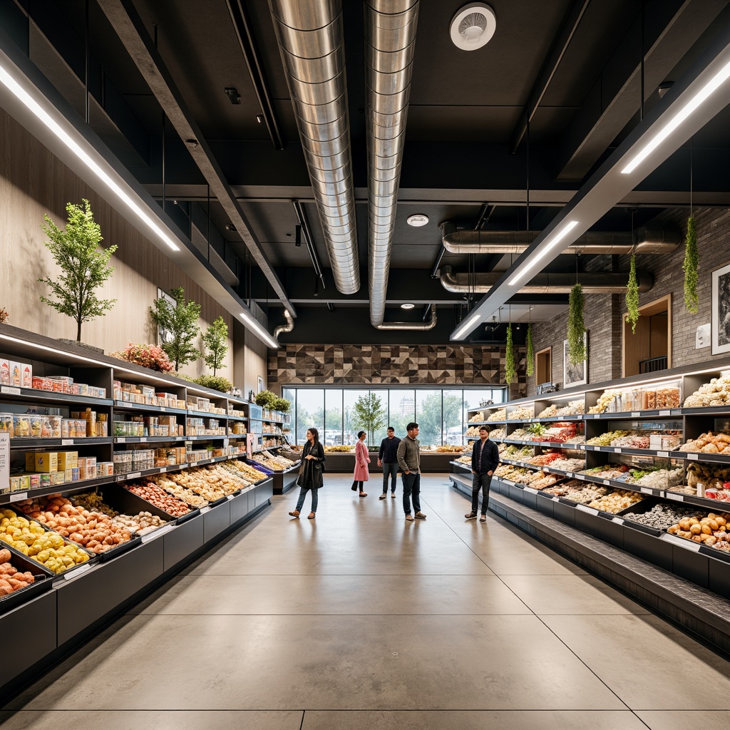 Prompt: Sleek modern grocery store interior, minimalist shelving units, polished chrome accents, gleaming glass shelves, industrial-style exposed ductwork, concrete floors, neutral color palette, recessed LED lighting, floor-to-ceiling windows, natural stone feature walls, geometric patterned tiles, metallic ceiling treatments, suspended decorative panels, urban loft-inspired aesthetic, airy open spaces, optimized product displays, ergonomic shopping experiences, warm inviting ambiance, soft diffused lighting, 1/2 composition, cinematic depth of field.