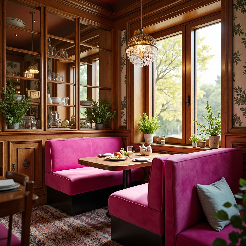 Prompt: Vibrant fuchsia breakfast nook, warm golden lighting, soft pink hues, rich wood tones, plush velvet upholstery, ornate metal accents, whimsical floral patterns, delicate china cabinets, elegant crystal chandeliers, inviting circular booths, rustic brick walls, lush greenery, sunny morning ambiance, shallow depth of field, 1/2 composition, warm pastel colors, cozy intimate atmosphere.