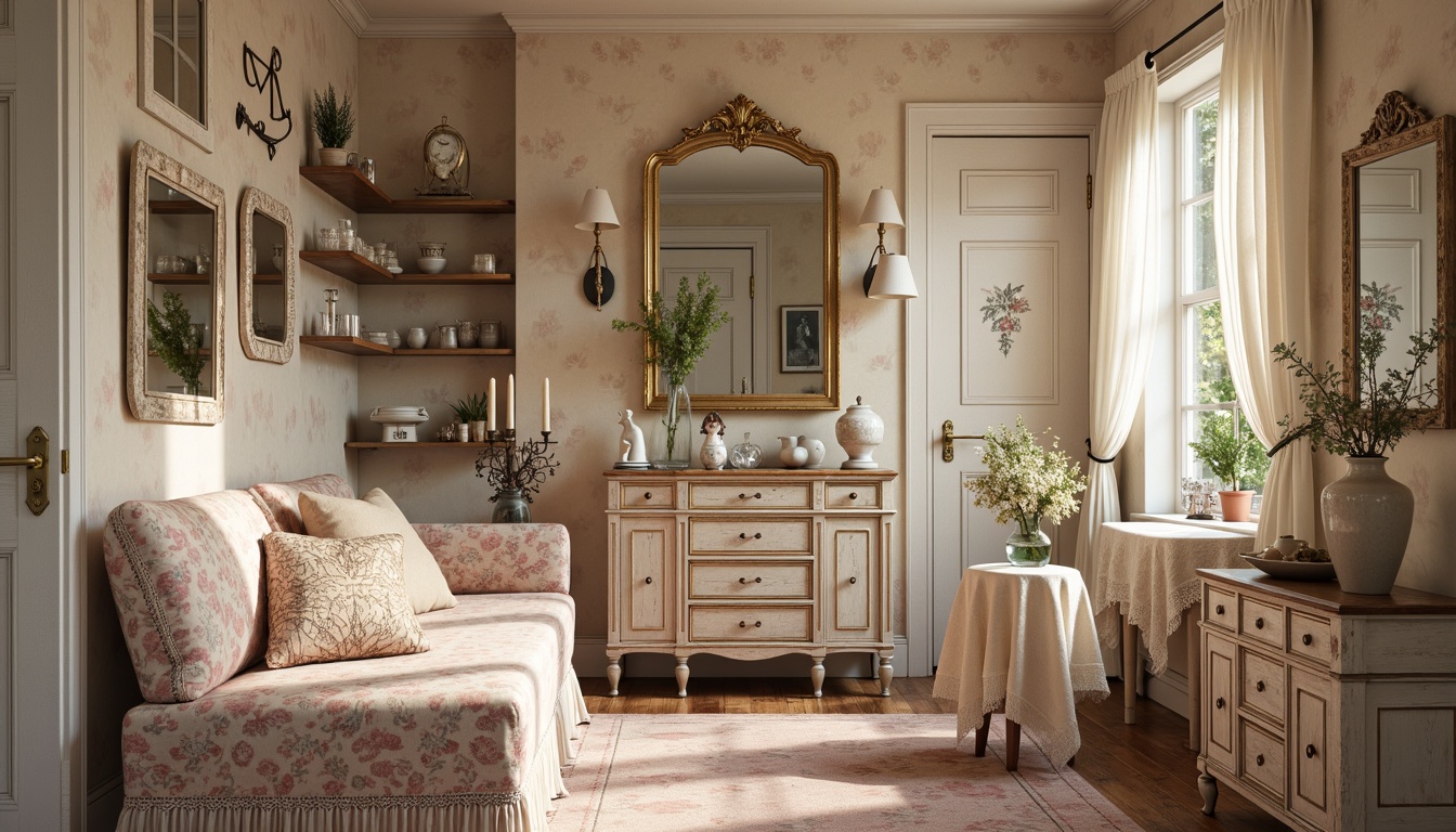 Prompt: Distressed vintage furniture, soft pastel colors, floral patterns, lace trimmings, ruffled fabrics, ornate mirrors, antique accessories, distressed wood finishes, elegant candlelight, warm beige tones, romantic ambiance, whimsical decorative accents, feminine touches, rustic wooden shelves, porcelain vases, delicate china figurines, natural linen textiles, faded rose hues, gentle morning light, shallow depth of field, 1/1 composition, soft focus effect.