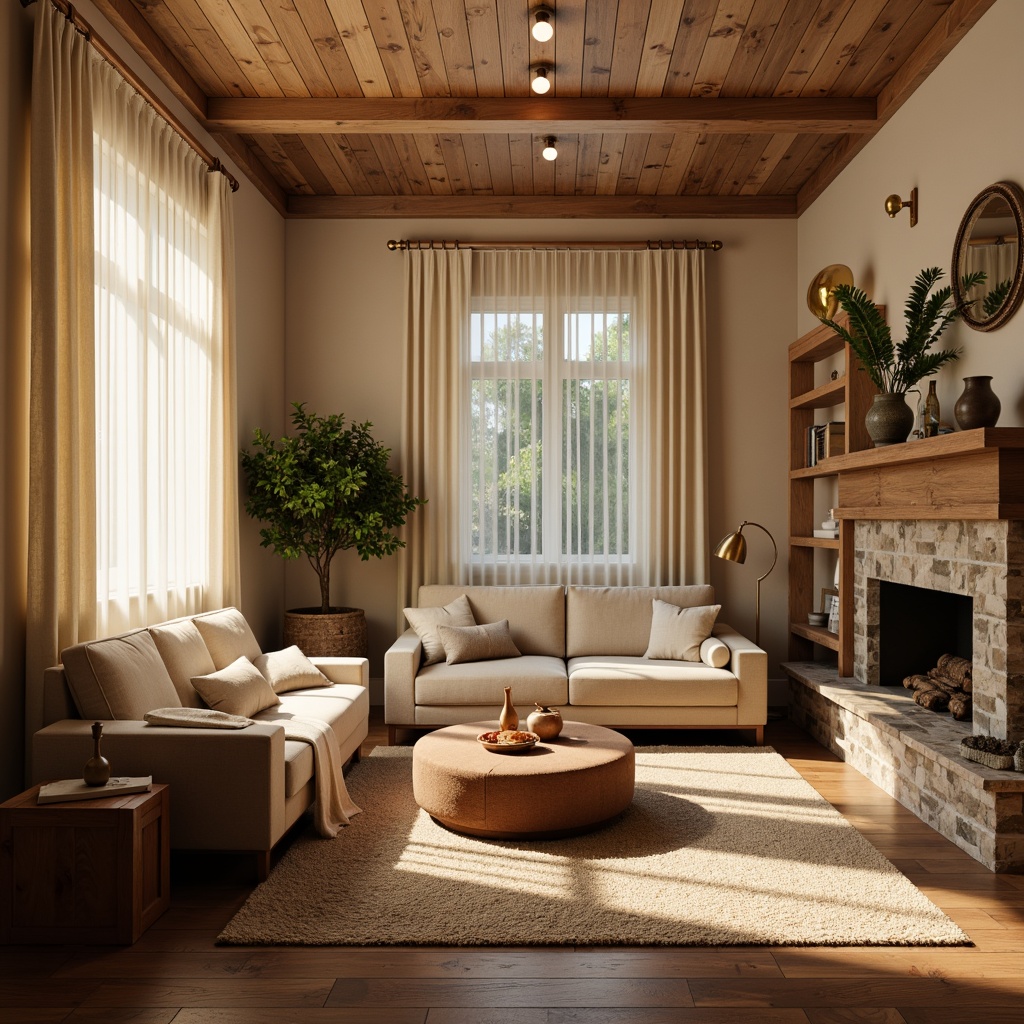 Prompt: Cozy living room, warm beige walls, rich wood accents, plush velvet sofas, golden lighting fixtures, soft cream-colored curtains, natural woven rugs, earthy terracotta pots, lush greenery, calming ambiance, warm inviting atmosphere, 1/1 composition, shallow depth of field, realistic textures, ambient occlusion.