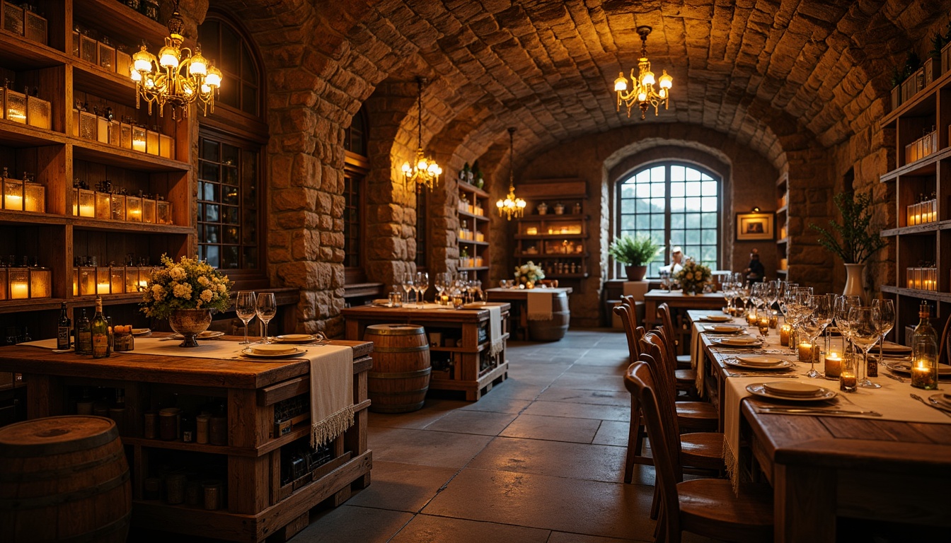 Prompt: Rustic wine cellar, distressed wooden crates, vintage wine barrels, soft warm candlelight, dimmed pendant lamps, ornate metal chandeliers, crystal glassware, lace-trimmed tablecloths, weathered stone walls, reclaimed wood shelves, earthy color palette, cozy intimate atmosphere, warm golden lighting, subtle shadows, 1/1 composition, realistic textures, ambient occlusion.