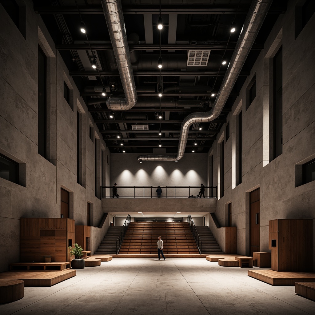 Prompt: Industrial-chic auditorium, geometric Bauhaus architecture, exposed ductwork, concrete floors, steel beams, minimalist d\u00e9cor, functional lighting, suspended lamps, metal shades, warm-toned wood accents, brutalist design elements, dramatic spotlights, high-contrast illumination, deep shadows, 1/2 composition, symmetrical framing, realistic materials, ambient occlusion.