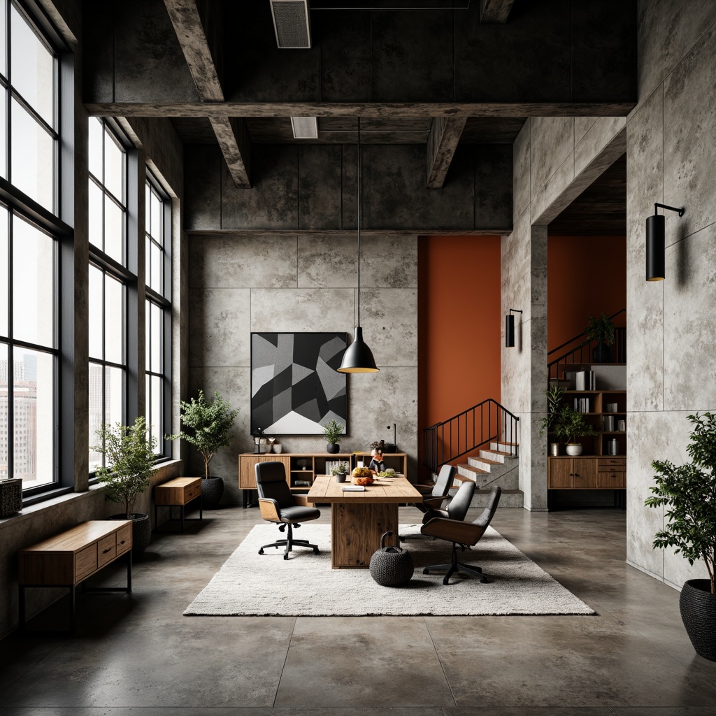 Prompt: Monochromatic brutalist home office, rugged concrete walls, industrial metal beams, distressed wood accents, bold geometric shapes, minimalist decorative elements, functional furniture, ergonomic chairs, reclaimed wood desks, exposed ductwork, urban loft atmosphere, dramatic high ceilings, sparse natural light, intense color contrasts, deep charcoal grays, rich earthy tones, warm beige undertones, pops of vibrant orange, industrial metal fixtures, edgy textures, gritty realistic materials, atmospheric lighting, low-key shadows, cinematic composition, moody color grading.