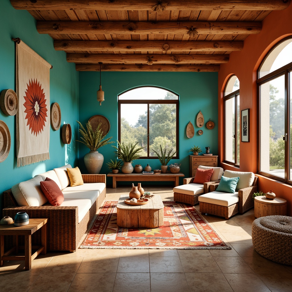 Prompt: Vibrant turquoise accents, earthy terracotta walls, warm sandy beige floors, rustic wooden furniture, woven Native American-inspired textiles, geometric patterned rugs, colorful pottery displays, natural light pouring in through large windows, soft warm lighting, 3/4 composition, shallow depth of field, realistic textures, ambient occlusion.