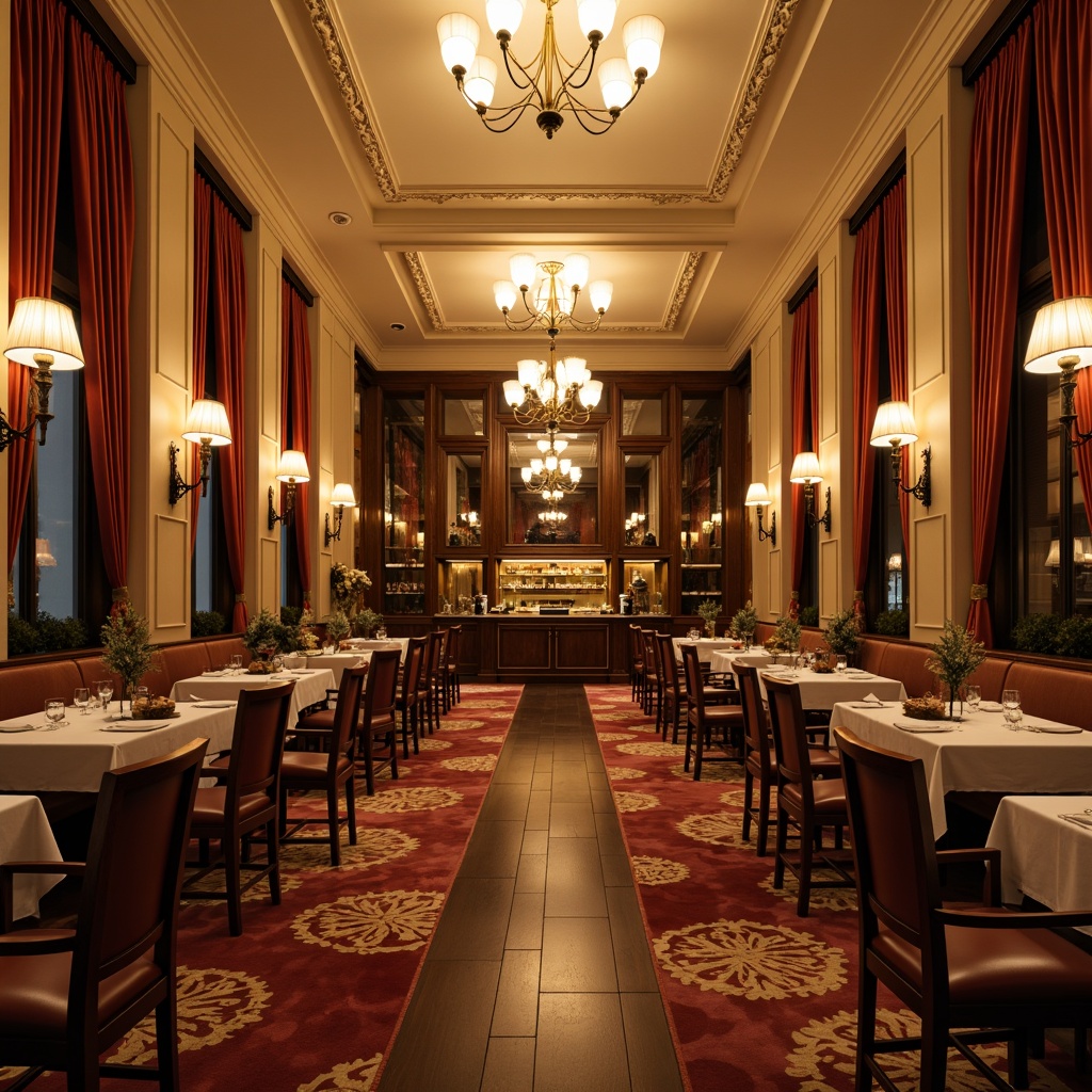 Prompt: Elegant academic dining hall, rich wood paneling, ornate chandeliers, cream-colored walls, luxurious textiles, velvet drapes, patterned rugs, polished wooden tables, comfortable leather chairs, warm golden lighting, sophisticated atmosphere, 1/2 composition, subtle depth of field, soft focus, realistic textures, ambient occlusion.