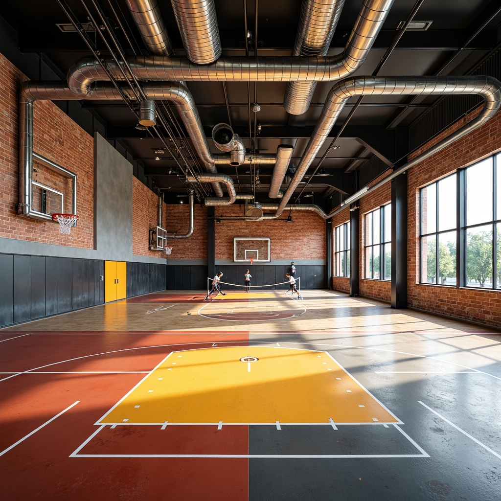 Prompt: Industrial-style gymnasiums, polished concrete floors, exposed ductwork, metal beams, reclaimed wood accents, vibrant color schemes, high-ceiling spaces, modern fitness equipment, rubber flooring, shock-absorbing surfaces, textured non-slip coatings, durable epoxy paints, athletic markings, basketball court lines, volleyball net installations, professional-grade sound systems, dynamic lighting setups, urban loft-inspired aesthetics, distressed metal finishes, industrial-chic decor.