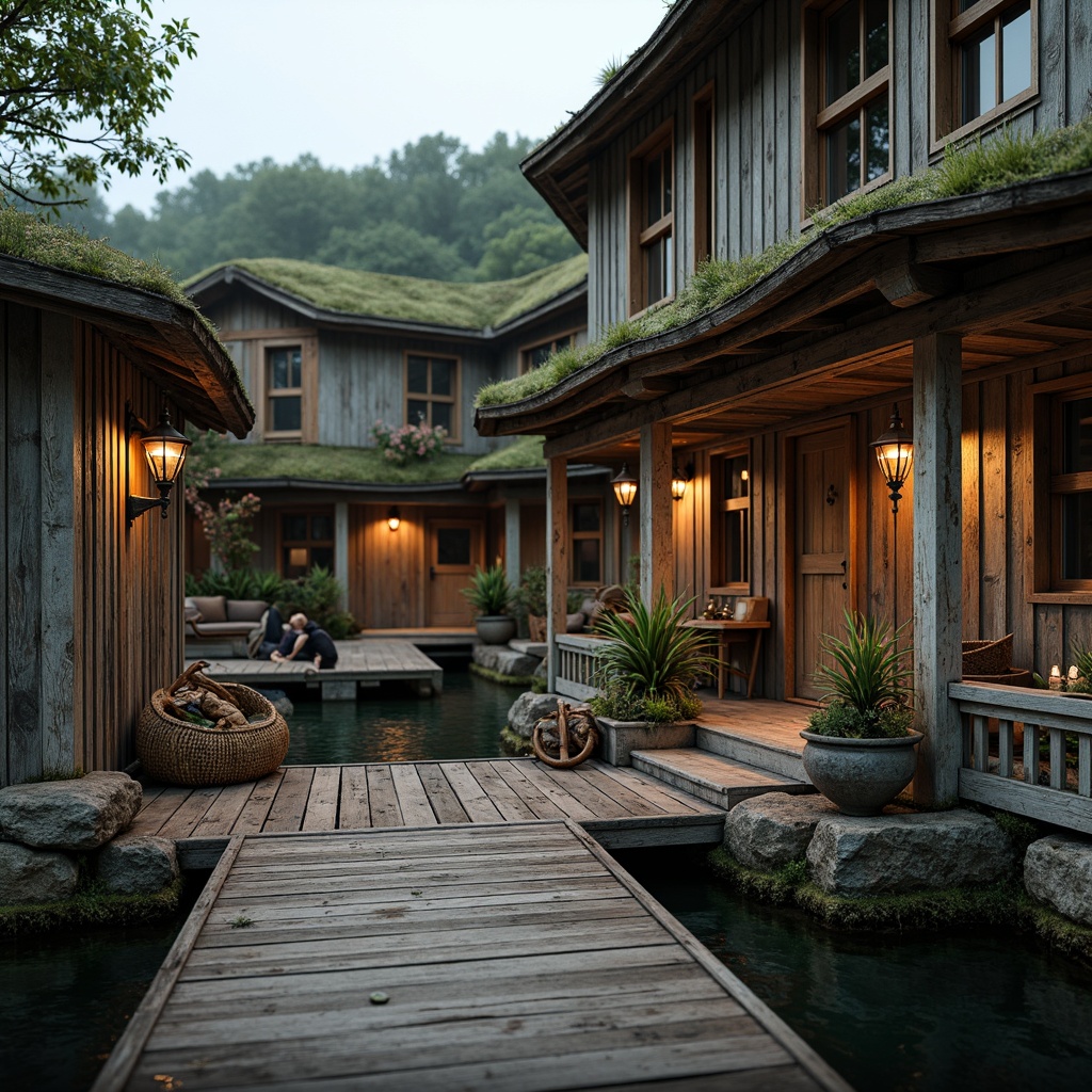 Prompt: Rustic boathouse, weathered wooden planks, distressed textures, earthy color palette, natural stone foundations, moss-covered roofs, overhanging eaves, wooden docking systems, nautical ropes, vintage anchors, rusty metal accents, lantern-style lighting, warm soft glow, 1/1 composition, shallow depth of field, realistic wood grain, ambient occlusion.