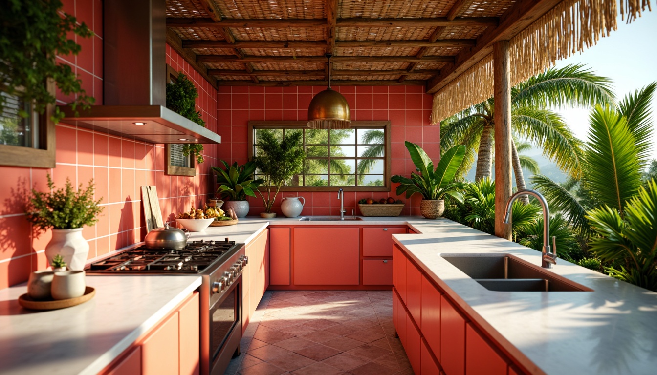 Prompt: Vibrant tropical kitchen, exotic island vibes, bright coral colors, glossy glass tiles, iridescent mother-of-pearl accents, natural stone countertops, polished chrome fixtures, lush greenery, palm fronds, bamboo cabinetry, woven rattan textures, soft warm lighting, shallow depth of field, 1/1 composition, realistic renderings, ambient occlusion.