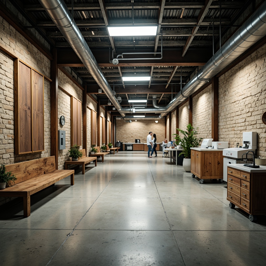 Prompt: Rustic hospital interior, exposed steel beams, industrial chic aesthetic, polished concrete floors, metal grid ceilings, functional pipes, distressed wood accents, reclaimed wooden furniture, sterile medical equipment, modern LED lighting, minimalist decor, natural stone walls, urban loft atmosphere, high ceilings, dramatic shadows, cinematic composition, warm color palette, softbox lighting, shallow depth of field.