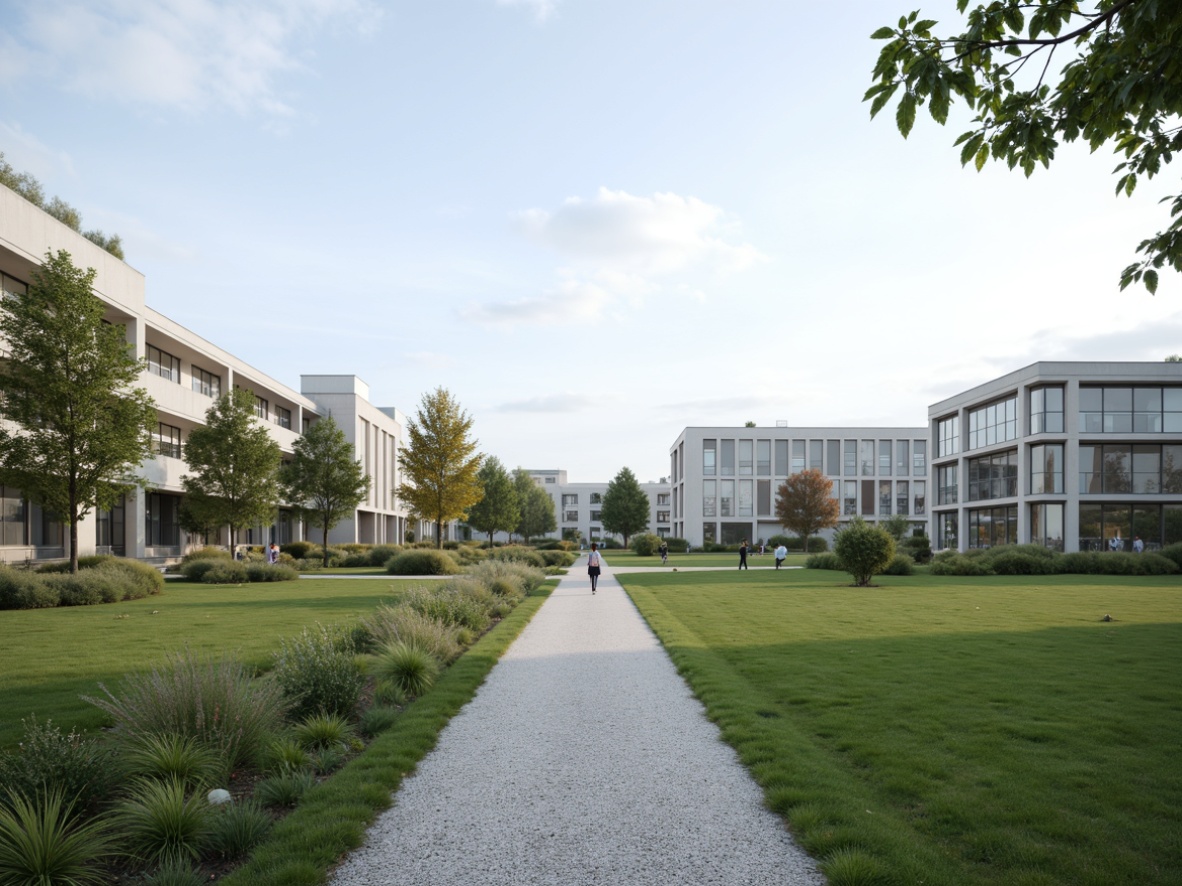 Prompt: Minimalist university campus, open green spaces, clean lines, simple forms, neutral color palette, abundant natural light, sleek modern buildings, large windows, glass facades, minimalist landscaping, sparse tree planting, gravel pathways, subtle outdoor lighting, shallow depth of field, 1/1 composition, panoramic view, realistic textures, ambient occlusion, quiet atmosphere, peaceful surroundings.