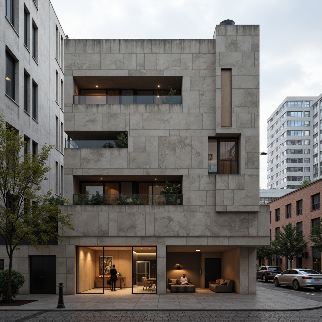 Prompt: Concrete brutalist office building, rugged stone walls, raw industrial materials, exposed ductwork, minimal ornamentation, muted earthy color palette, industrial grey tones, warm beige accents, rich brown wood textures, cold steel surfaces, urban cityscape backdrop, cloudy overcast day, high contrast lighting, dramatic shadows, 1/1 composition, realistic render, subtle ambient occlusion.