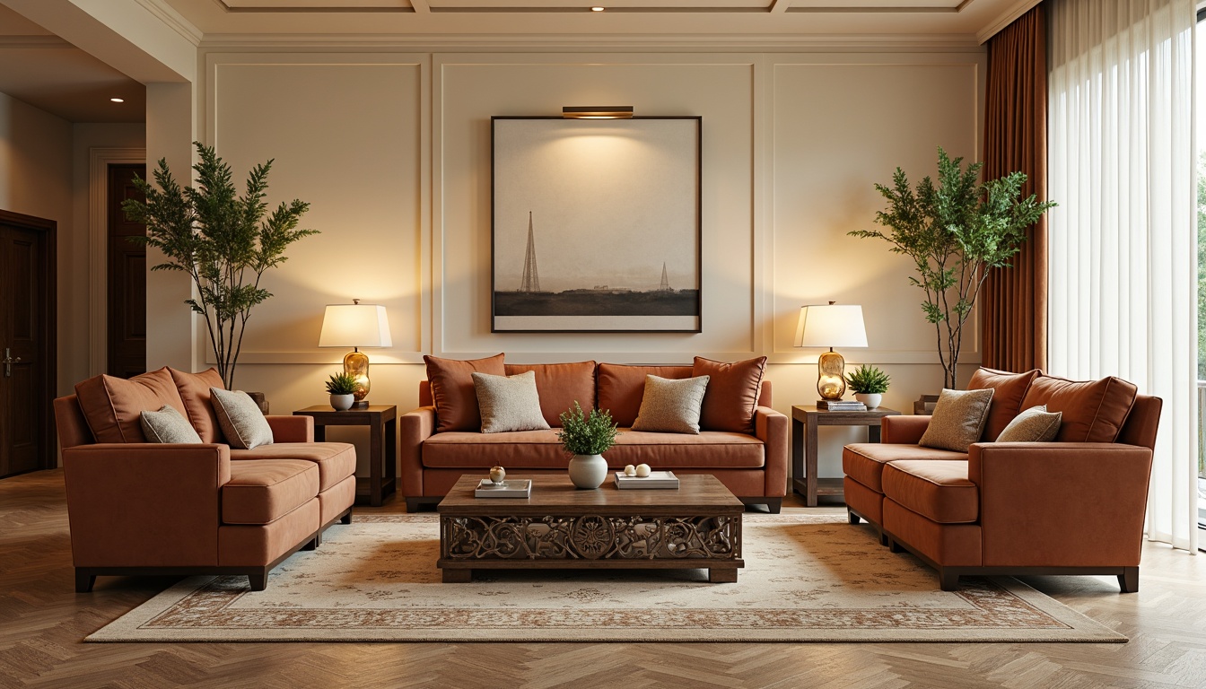 Prompt: Luxurious velvet sofa, rich wooden coffee table, ornate metal legs, plush cushions, soft golden lighting, elegant cream-colored walls, refined minimalist decor, comfortable oversized armchairs, sophisticated floor lamps, intricate rug patterns, warm beige carpeting, stylish side tables, decorative vases, fresh greenery, calming natural ambiance, 1/1 composition, realistic textures, subtle depth of field.