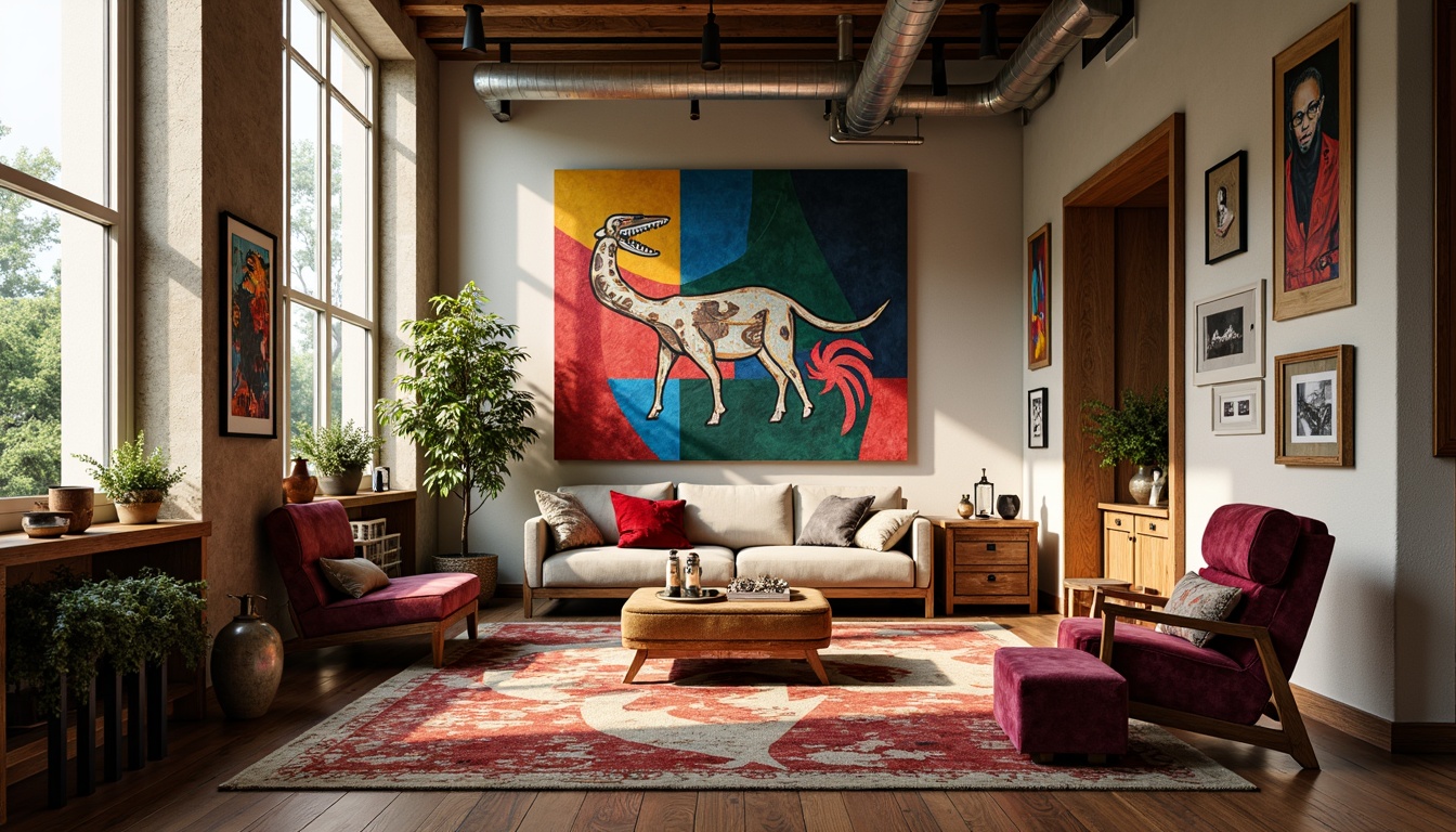 Prompt: Vibrant artistic studio, eclectic furniture, abstract artwork, bold color blocking, contrasting textures, rich velvet fabrics, metallic accents, warm wooden floors, natural light pouring in, large windows, soft box lighting, 3/4 composition, shallow depth of field, realistic render, ambient occlusion.