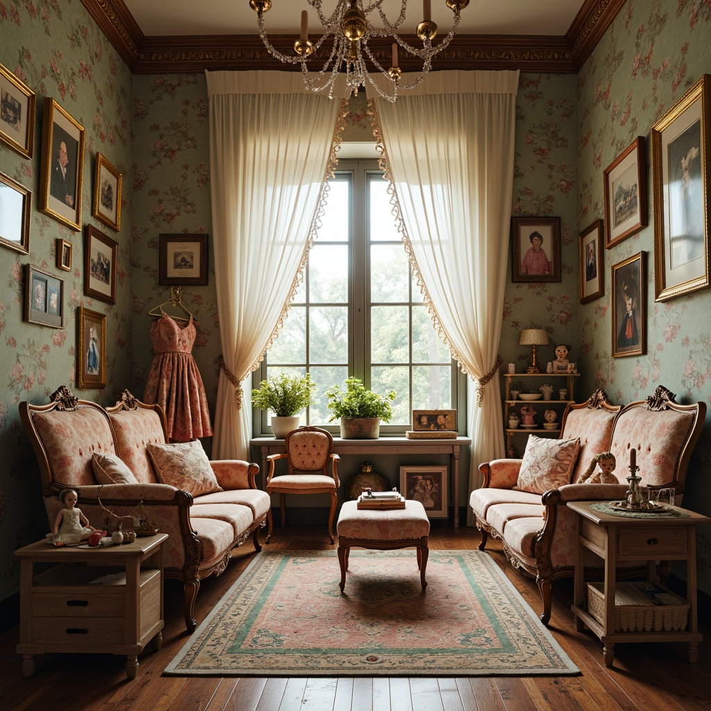 Prompt: Whimsical kid's room, ornate Victorian furniture, plush velvet fabrics, intricate lace trimmings, delicate porcelain dolls, vintage toy collections, distressed wooden floors, soft pastel colors, floral patterns, golden picture frames, crystal chandeliers, luxurious drapery, ruffled curtains, tassel details, carved wooden paneling, antique toys, nostalgic memorabilia, warm candlelight, shallow depth of field, 1/2 composition, warm color palette.