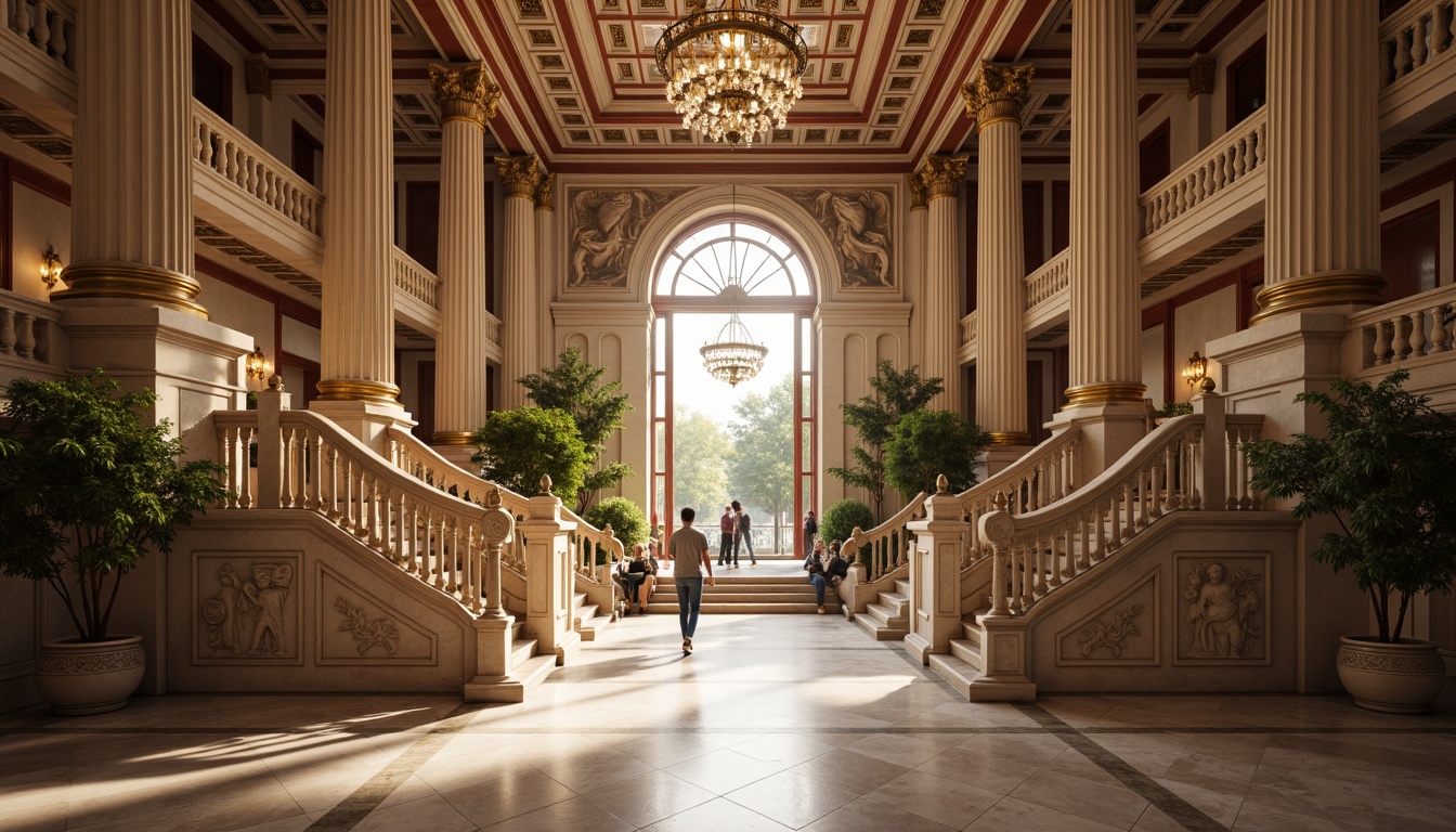 Prompt: Majestic museum entrance, grandiose columns, ornate capitals, classical arches, intricately carved reliefs, polished marble floors, elegant staircases, ornamental balustrades, luxurious chandeliers, soft warm lighting, shallow depth of field, 1/1 composition, symmetrical framing, realistic textures, ambient occlusion, majestic proportions, harmonious color palette, subtle gradient effects.