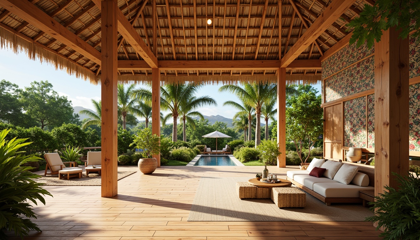 Prompt: Tropical hardwood floors, exotic wood grains, warm beige tones, natural textures, woven bamboo surfaces, rustic coconut shells, vibrant island-inspired patterns, colorful Moroccan tiles, eclectic global accents, lush greenery surroundings, sunny open spaces, dramatic high ceilings, airy atmosphere, soft warm lighting, shallow depth of field, 3/4 composition, panoramic view.