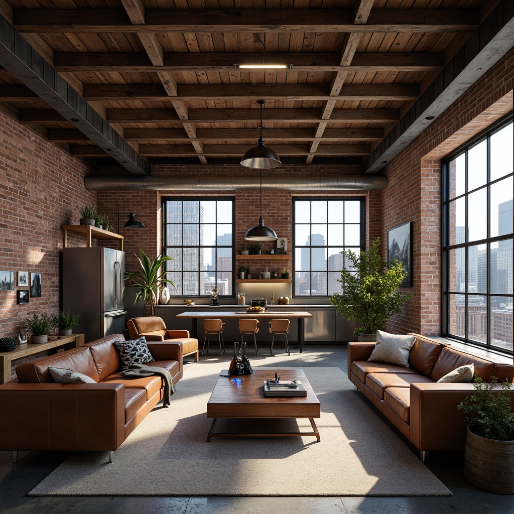 Prompt: Exposed brick walls, industrial-chic lighting, metal beams, reclaimed wood accents, urban loft atmosphere, modern apartment design, polished concrete floors, stainless steel appliances, minimalist decor, functional storage solutions, urban cityscape views, natural daylight, high ceilings, open-plan living space, eclectic vintage furniture, distressed leather sofas, metallic color scheme, abstract artwork, moody ambient lighting, cinematic composition, realistic textures.