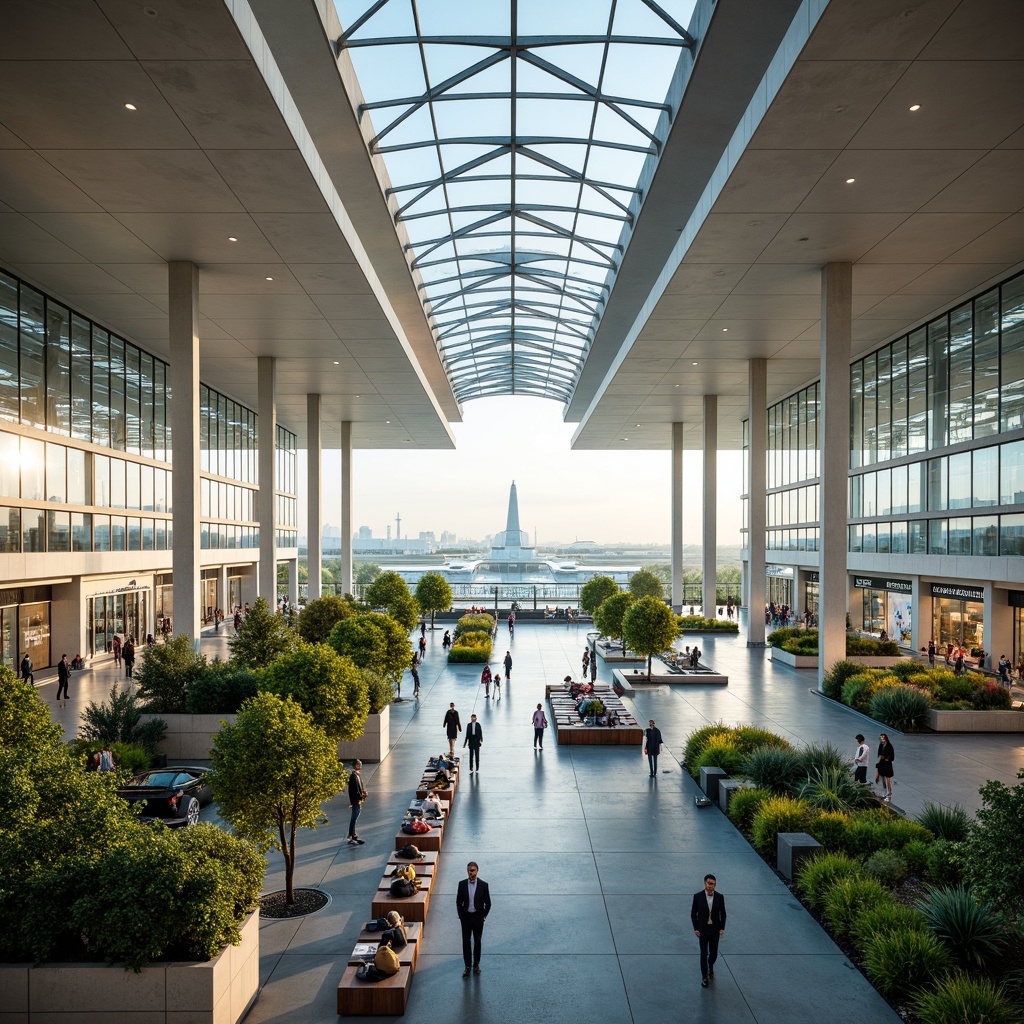 Prompt: Airy airport terminal, high ceilings, natural light pouring in, sleek modern architecture, expansive glass roofs, minimalist interior design, ample seating areas, lush greenery walls, calming water features, efficient wayfinding systems, vibrant colorful signage, spacious security checkpoints, panoramic views of airfields, soft warm lighting, shallow depth of field, 3/4 composition, realistic textures, ambient occlusion.