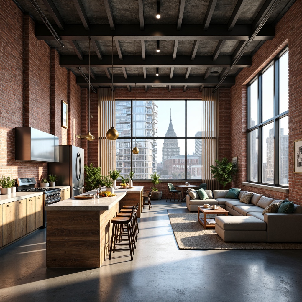 Prompt: Exposed brick walls, industrial metal beams, polished concrete floors, minimalist decor, functional workspaces, convertible living areas, urban cityscape views, floor-to-ceiling windows, natural light pouring in, modern appliances, sleek cabinetry, reclaimed wood accents, industrial-style lighting fixtures, open-plan kitchen, dining and lounge area, comfortable sectional sofas, eclectic art pieces, vibrant color pops, airy atmosphere, shallow depth of field, 1/1 composition, realistic textures, ambient occlusion.