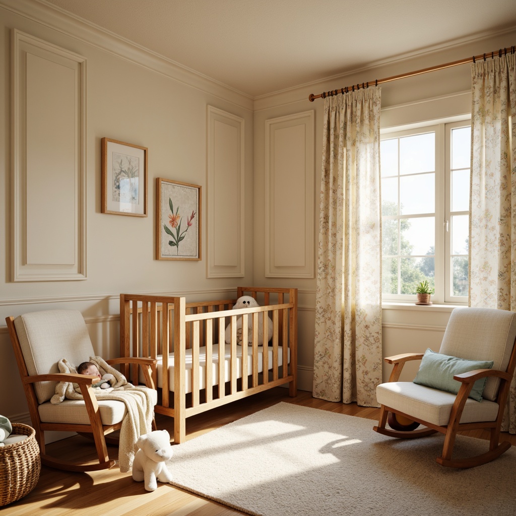 Prompt: Cozy baby nursery, vernacular style, natural wood furniture, soft pastel colors, plush toys, warm beige walls, creamy white trim, traditional crib, vintage-inspired rocking chair, woven wicker basket, floral patterned curtains, gentle afternoon sunlight, shallow depth of field, 1/1 composition, realistic textures, ambient occlusion.