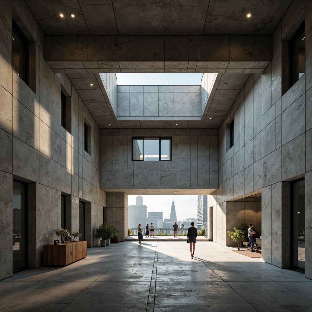 Prompt: Raw concrete walls, exposed ductwork, industrial-style lighting, brutalist architecture, fortress-like structure, geometric shapes, rugged textures, minimalist interior design, open-plan office space, functional layout, steel beams, reinforced columns, urban landscape, cityscape views, dramatic shadows, high-contrast lighting, 1/1 composition, symmetrical framing, realistic renderings, ambient occlusion.