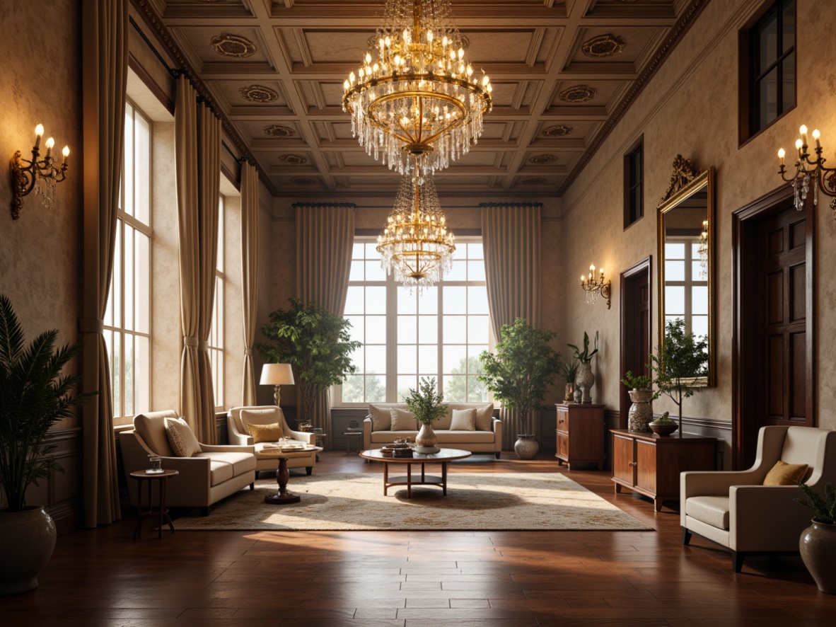 Prompt: Elegant chandeliers, ornate sconces, soft warm glow, golden lighting fixtures, crystal droplets, refined metalwork, luxurious fabrics, velvety smooth textures, subtle color palette, neutral tones, stately furniture pieces, classic architectural details, high ceilings, large windows, natural daylight, subtle shading, 1/2 composition, atmospheric lighting, realistic reflections, ambient occlusion.