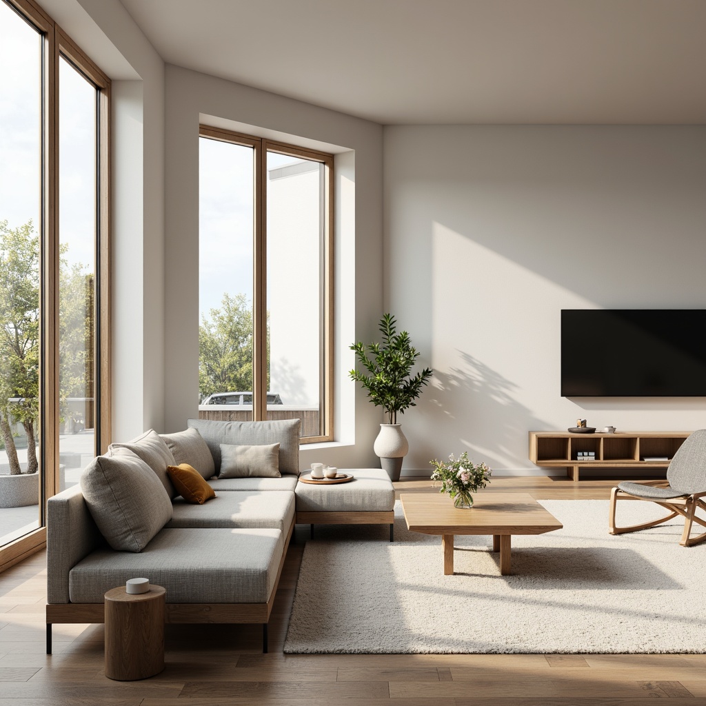 Prompt: Minimalist living room, low-profile furniture, monochromatic color scheme, sleek lines, empty space, natural light, floor-to-ceiling windows, simple textures, limited decor, Scandinavian-inspired design, wooden accents, geometric patterns, 1/1 composition, soft warm lighting, shallow depth of field, realistic reflections, ambient occlusion.