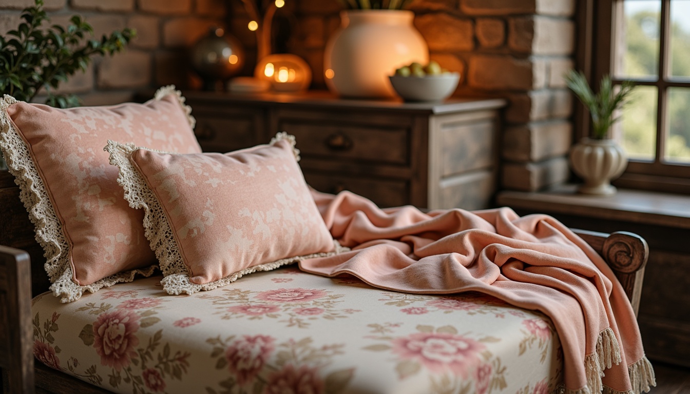 Prompt: Distressed velvet fabrics, soft peach hues, lace trimmings, floral patterns, ruffled edges, vintage-inspired prints, linen textures, natural fiber blends, muted pastel colors, ornate wooden furniture, antique accessories, rustic metal accents, warm candlelight, shallow depth of field, 1/1 composition, romantic atmosphere, realistic wear and tear, soft focus, warm color grading.