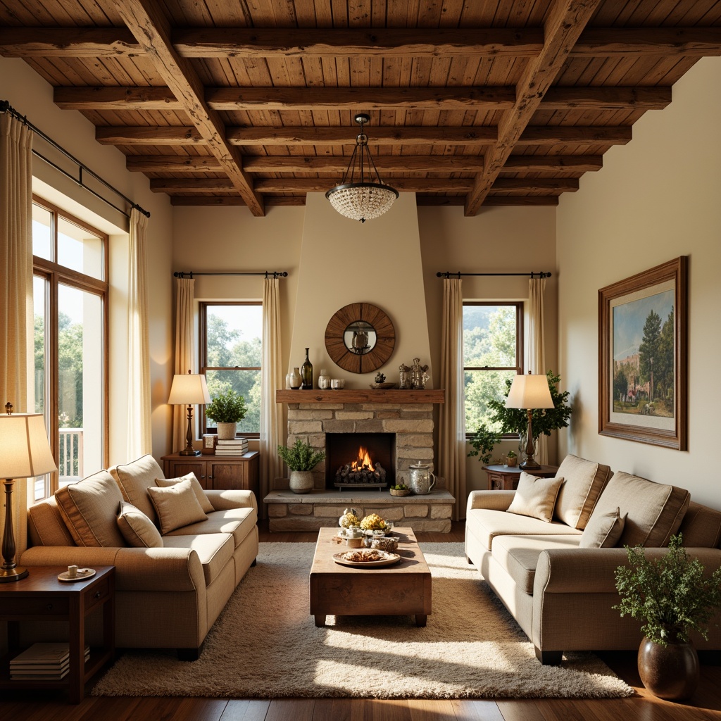 Prompt: Cozy family room, rustic wooden beams, soft cream walls, distressed furniture, vintage decorative items, warm golden lighting, table lamps, floor lamps, crystal chandelier, candles, fireplace, natural stone surround, plush area rug, comfortable sofas, elegant drapes, rich wood tones, warm beige upholstery, soft pastel colors, intimate ambiance, relaxing atmosphere, warm color temperature, softbox lighting, 1/1 composition, realistic textures, ambient occlusion.