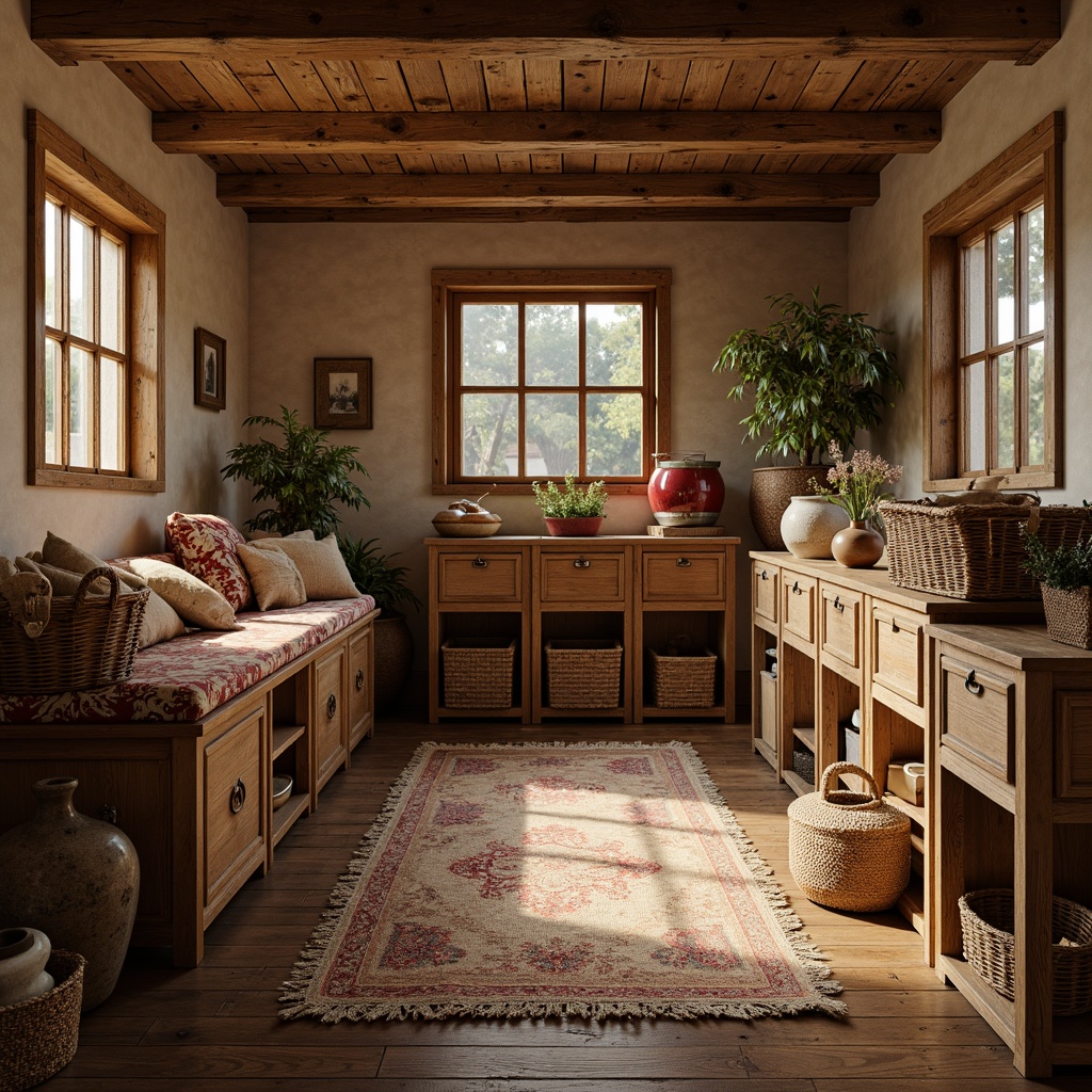 Prompt: Rustic storage room, vintage French country style, distressed wooden crates, woven wicker baskets, soft golden lighting, plush area rugs, natural fiber textiles, linen fabrics, cotton lace trimmings, velvet upholstery, rich red and gold accents, ornate metal hardware, distressed finishes, warm beige walls, floral patterns, subtle sheen, cozy atmosphere, inviting ambiance, 1/1 composition, soft focus, realistic textures.