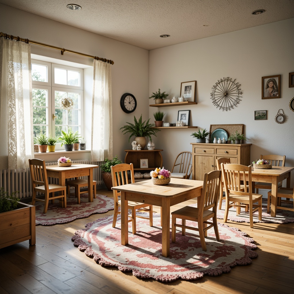 Prompt: Whimsical kindergarten classroom, distressed wooden tables, vintage-inspired chairs, plush area rugs, soft pastel colors, floral patterns, lace curtains, antique furniture pieces, ornate metal frames, porcelain vases, decorative wall shelves, rustic wooden crates, woven baskets, natural light pouring in, warm cozy atmosphere, shallow depth of field, 1/1 composition, realistic textures, ambient occlusion.