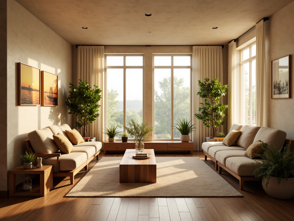 Prompt: Vibrant living room, large windows, sheer curtains, soft diffused light, warm beige walls, polished wooden floors, minimalist decor, comfortable seating areas, lush green plants, natural stone accents, subtle shadows, gentle glow, soft color palette, 1/1 composition, realistic textures, ambient occlusion, morning sunlight, afternoon warmth, cozy atmosphere.